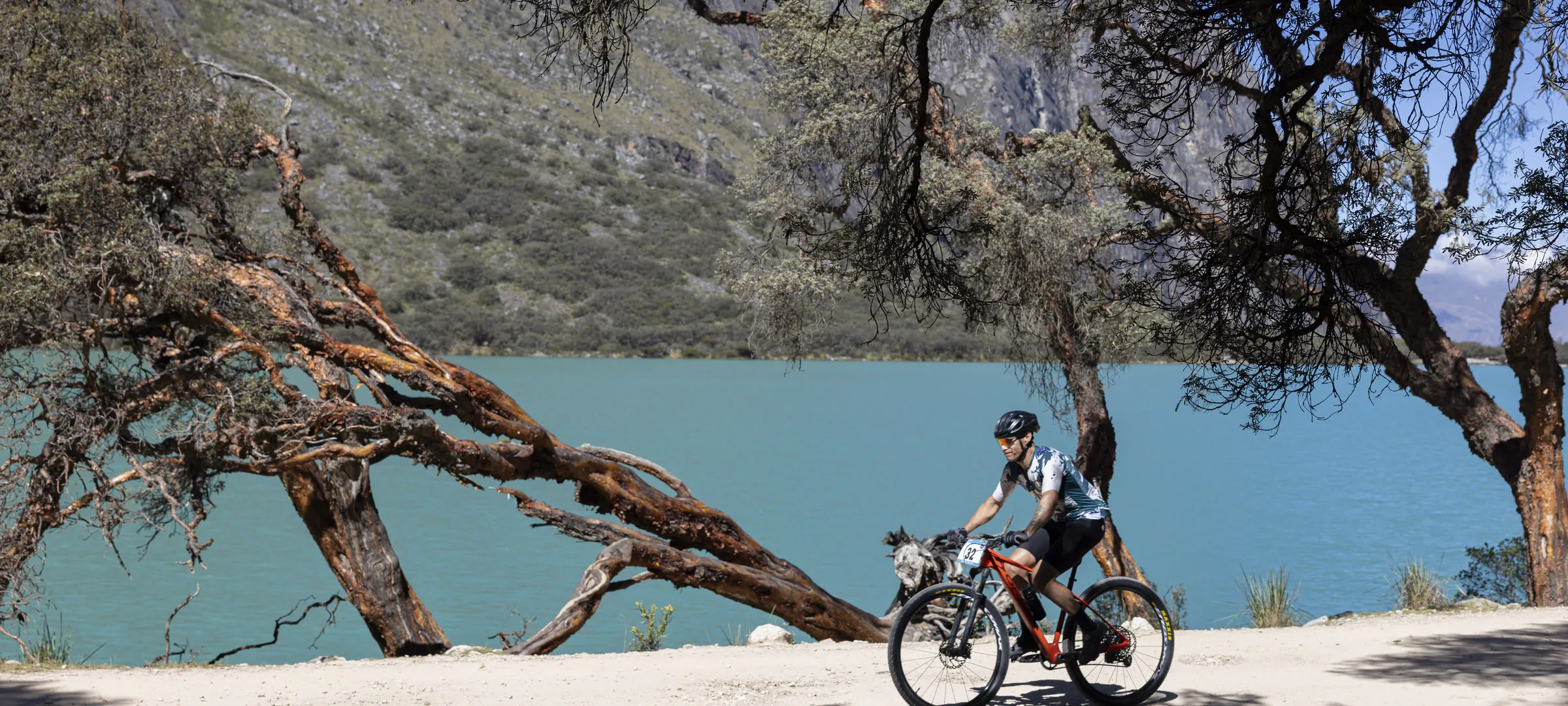 Lago de altura con árboles y montañas